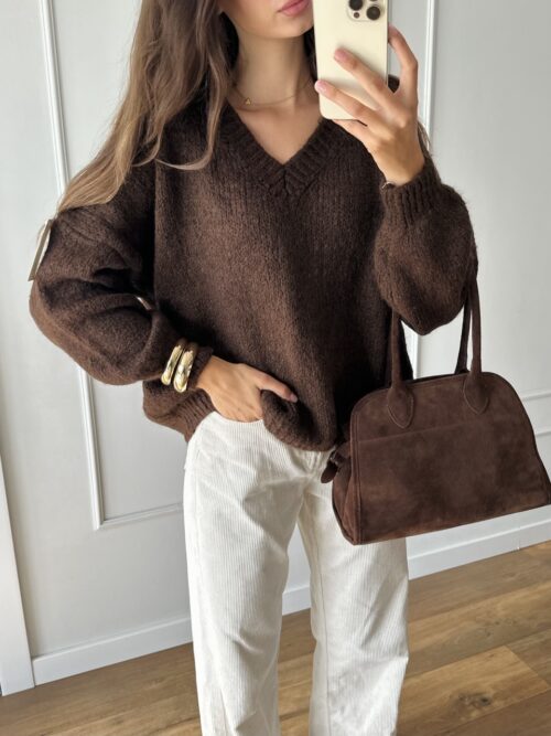 Sweter V-Neck - Brown Knit